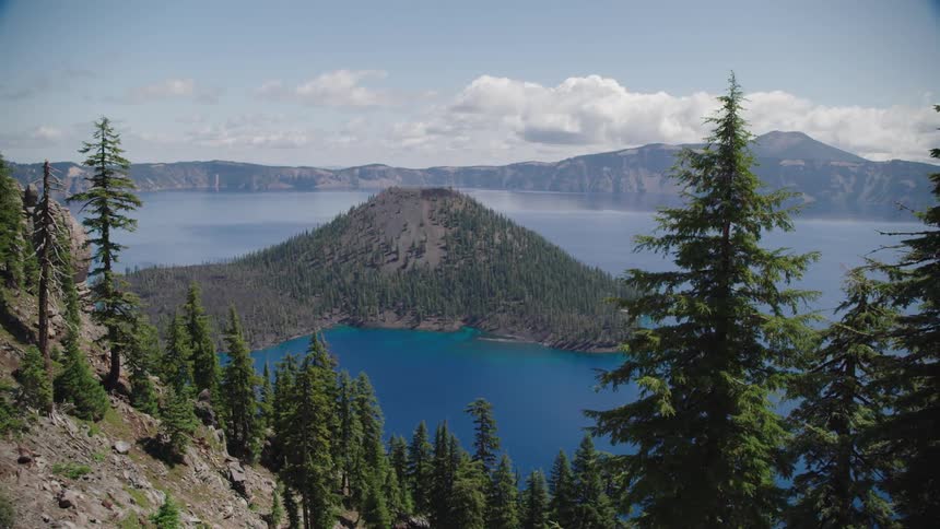 A forest next to a lake with the sky and mountains in the background
