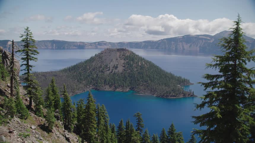 Landscape of a crater lake with island in middle
