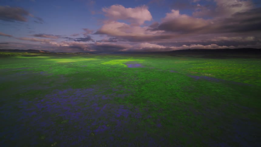 Vibrant green vegetation and blue water intermingle near mountains under cloudy sky