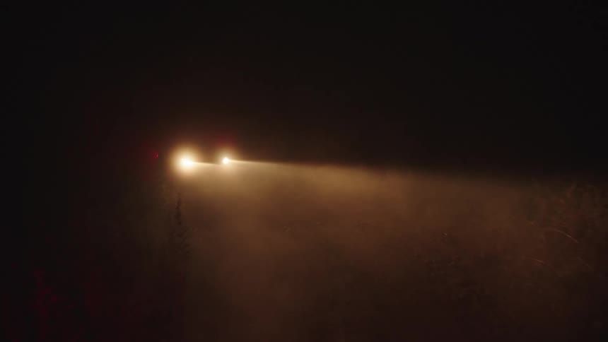 Car drives along winding forest road at night
