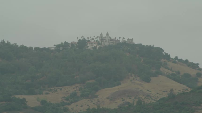 The hillside is covered in thick mist
