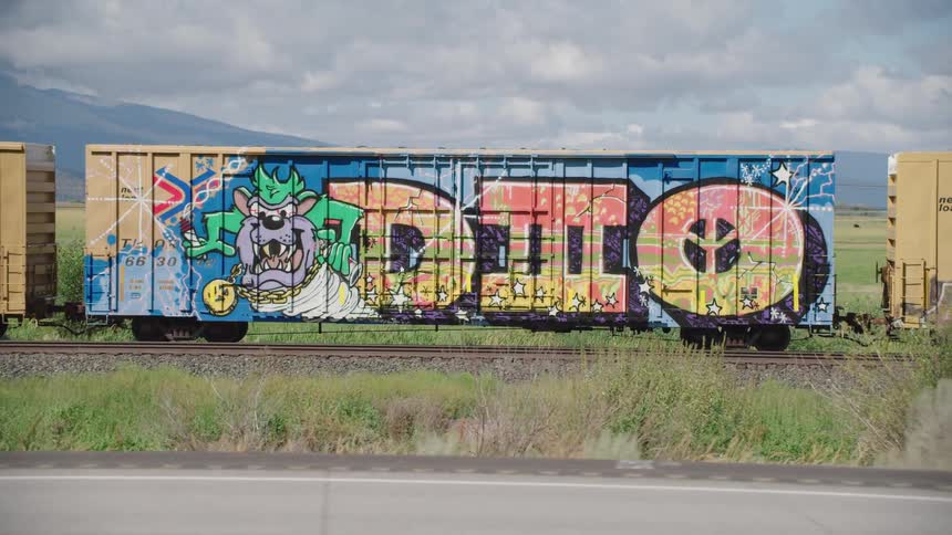 Driving by a freight car painted with artwork in the country