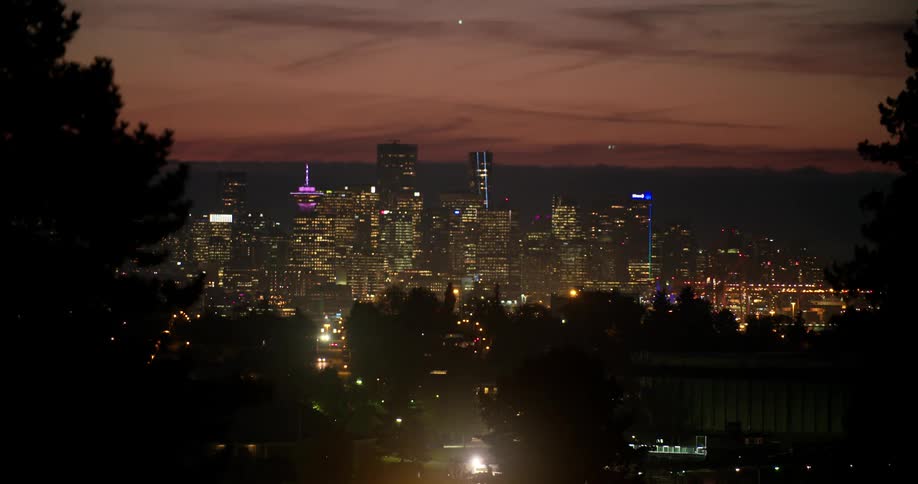 A city skyline with trees in the foreground and the sky in the background
