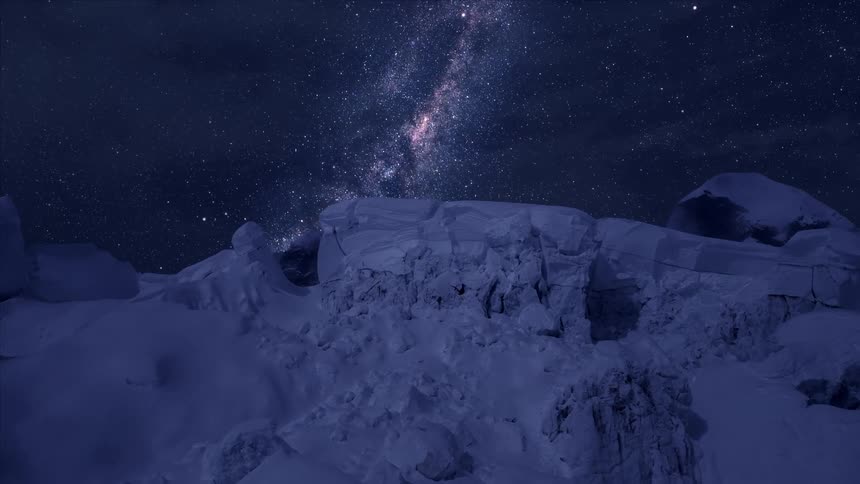 Celestial bodies above ice and rock formations