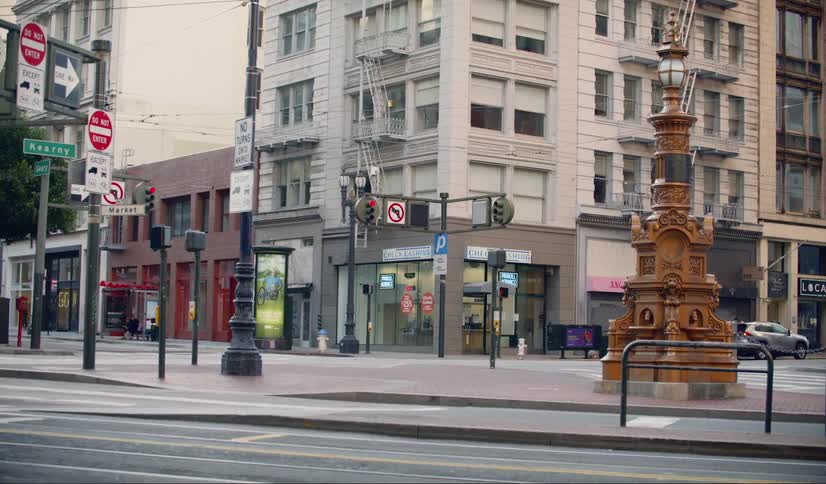 The corner in the city is empty of people