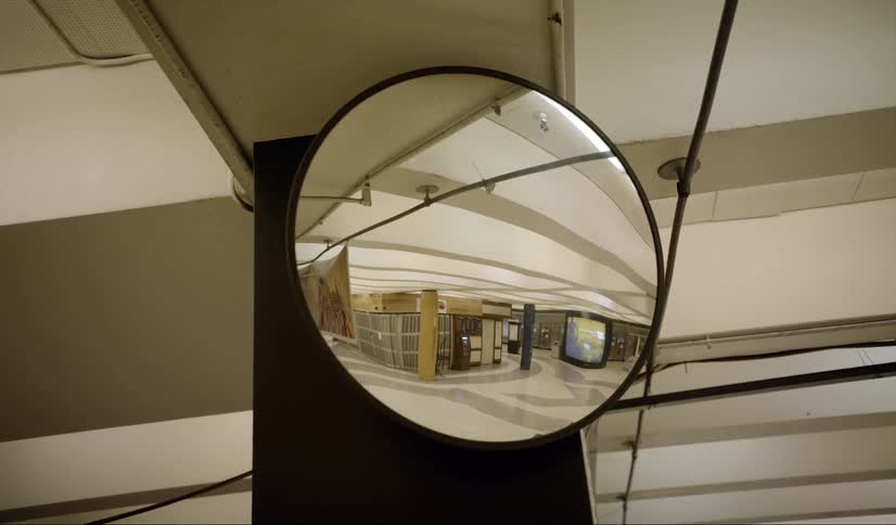 An empty terminal in a mirror
