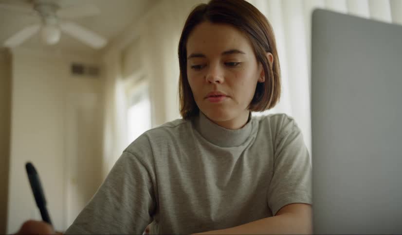 Woman sitting at the desk looks at the laptop and takes notes at home