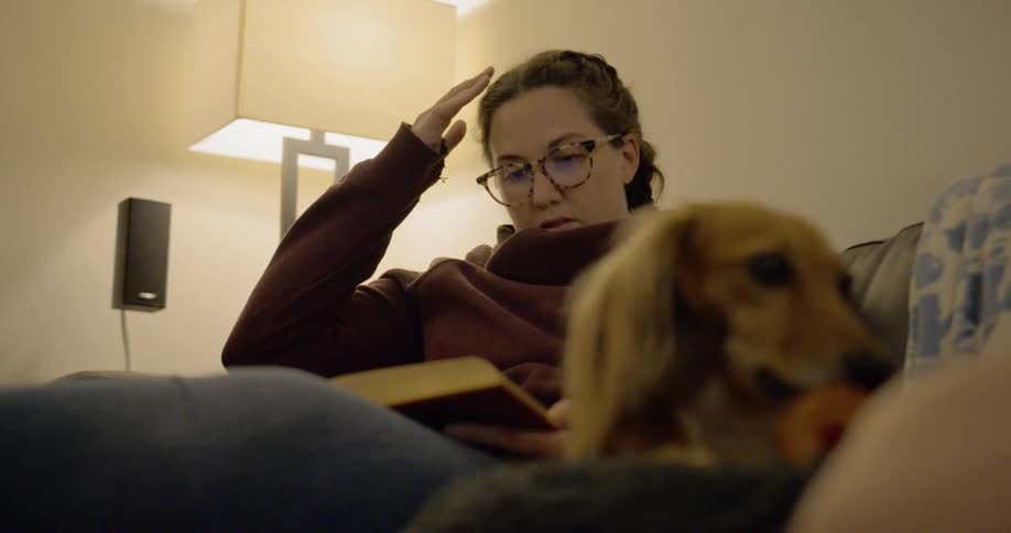 Woman sitting on the couch reads a book in the living room at home