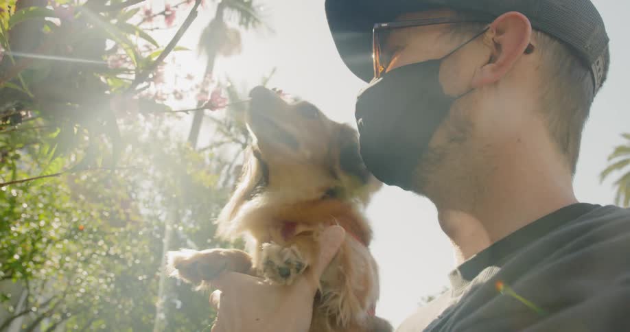 Man wearing a face mask holding dog to smell flowers on tree