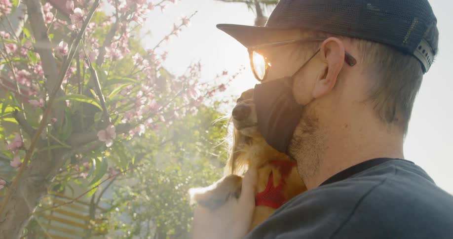 Man wearing a black face masks holds and pets sausage dog outdoors