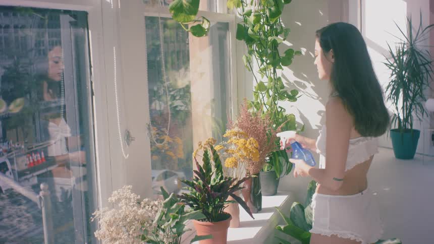 A woman with a spray bottle watering plants by a window
