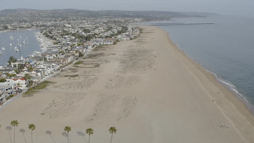 People walk their dogs on the grassy field near the ocean beach where others are walking and wading