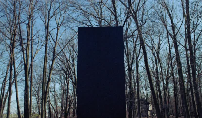 A black pillar in the middle of a park