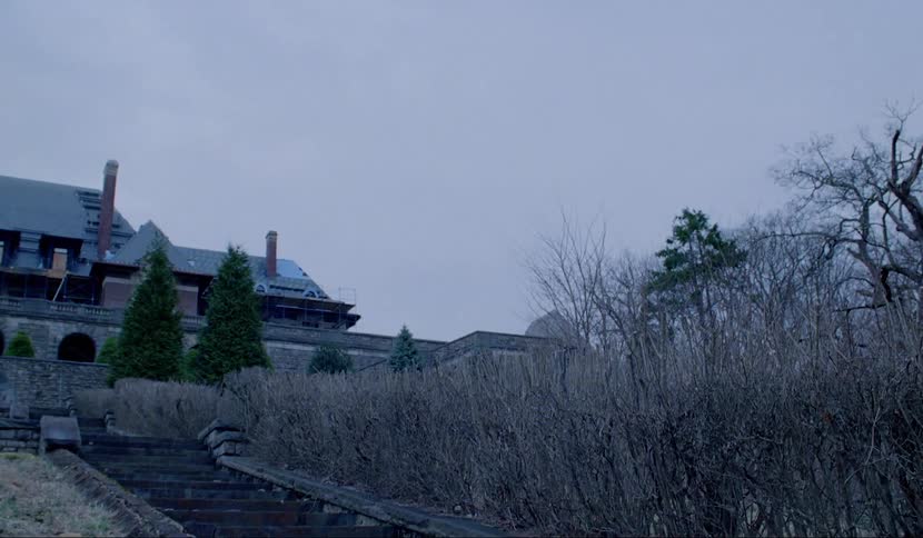 A large house surrounded by dead brush