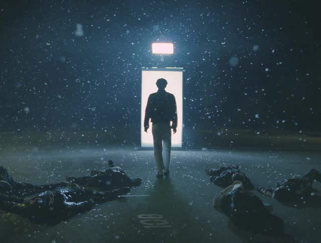 A group of dancers lying dead on the ground resurrects and walks through doorway where the light comes from at night