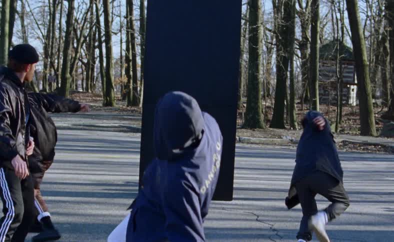 A group of dancers dance in the woodland during daylight