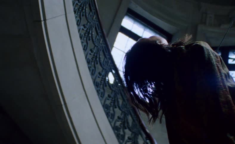 A woman in a color jacket hangs from a ceiling with wires attached to her in front of an ornate staircase