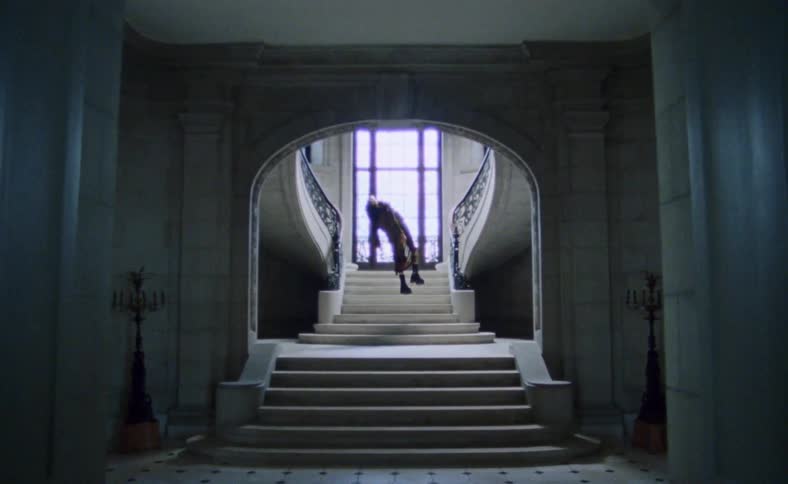 Person hangs from ceiling above stairs in wide ornate hall