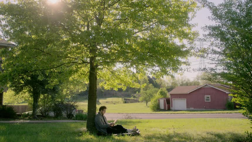 Man sitting under a tree reads book on sunny day