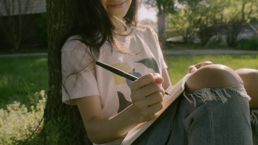 A young girls sits at the base of a tree and writes in a notebook