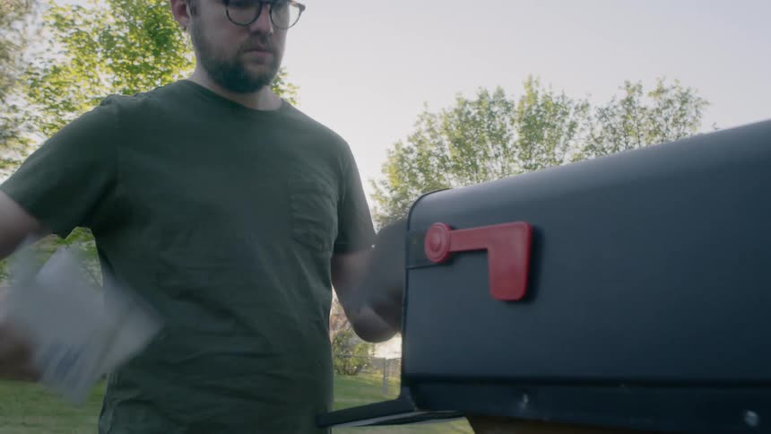 A man checks his mail and walks back to his house