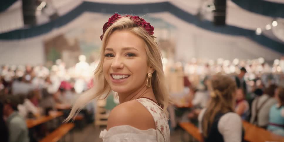 A smiling woman walking between rows of dining tables in a crowded church