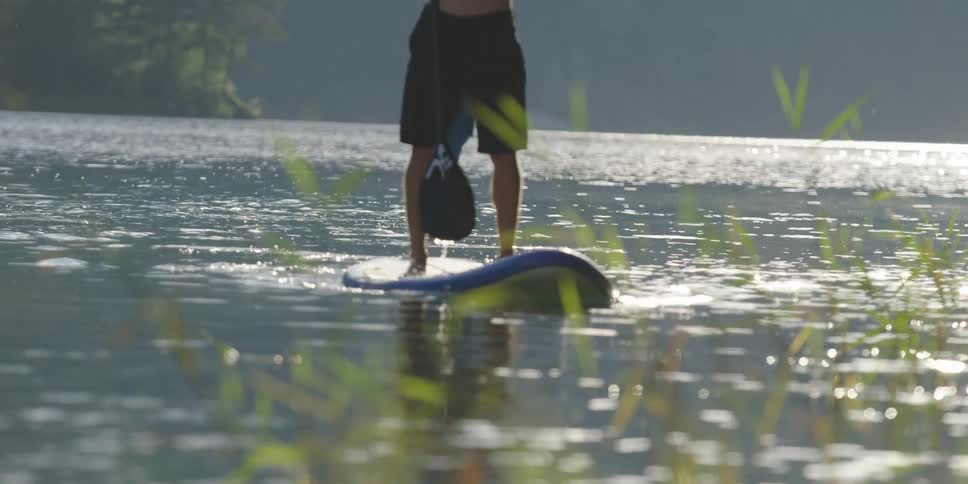 A person paddle boarding in a lake