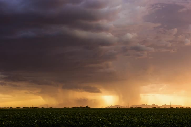 Dark clouds form a funnel cloud and rain bands on a flat landscape