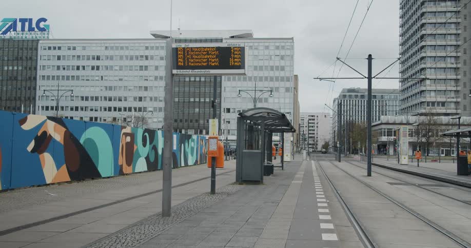 Empty tram station due to corona virus on a cloudy day in the city
