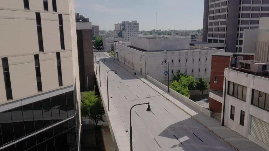 Aerial view of the empty highway and streets due to coronavirus in the city