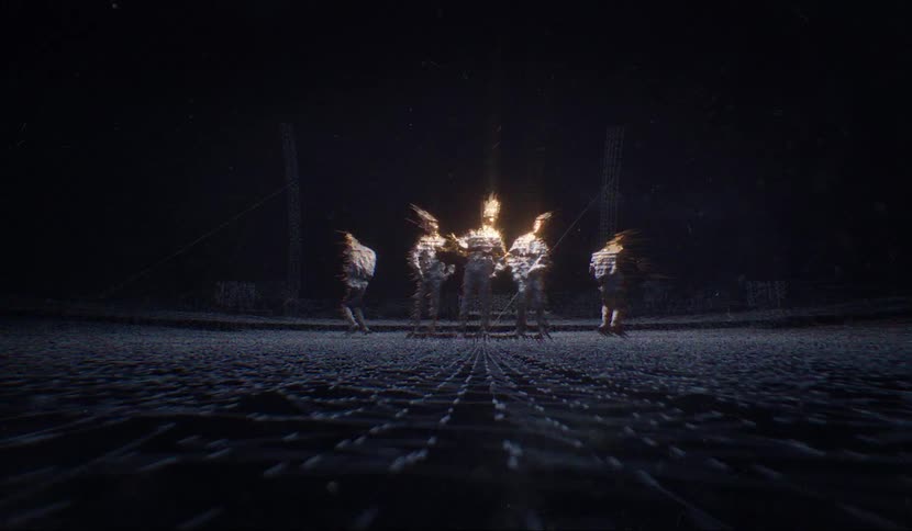 A group of teens with flares coming off of them dance