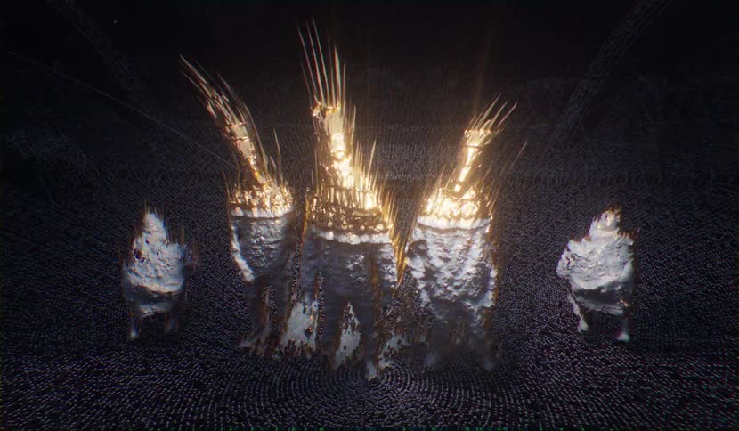 Two people pose and dance as three others stand in digitally manipulated image