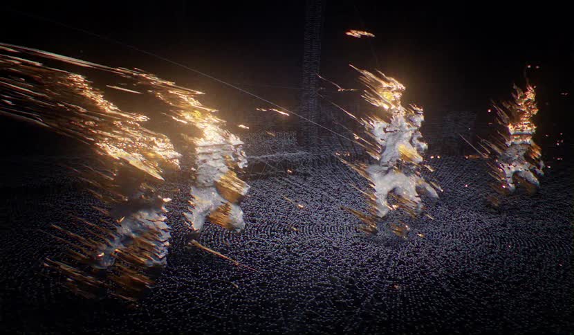 Four men dancing with flares coming off of their bodies