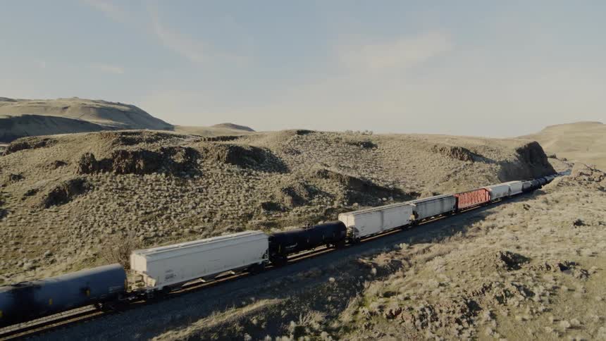 A slow moving freight train traveling through a rocky barren landscape