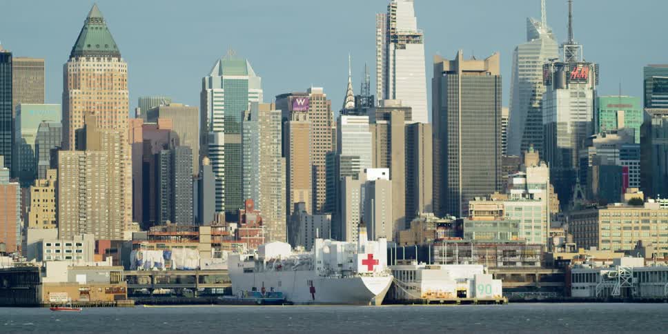 A view of the skyling of a downtown city is displayed