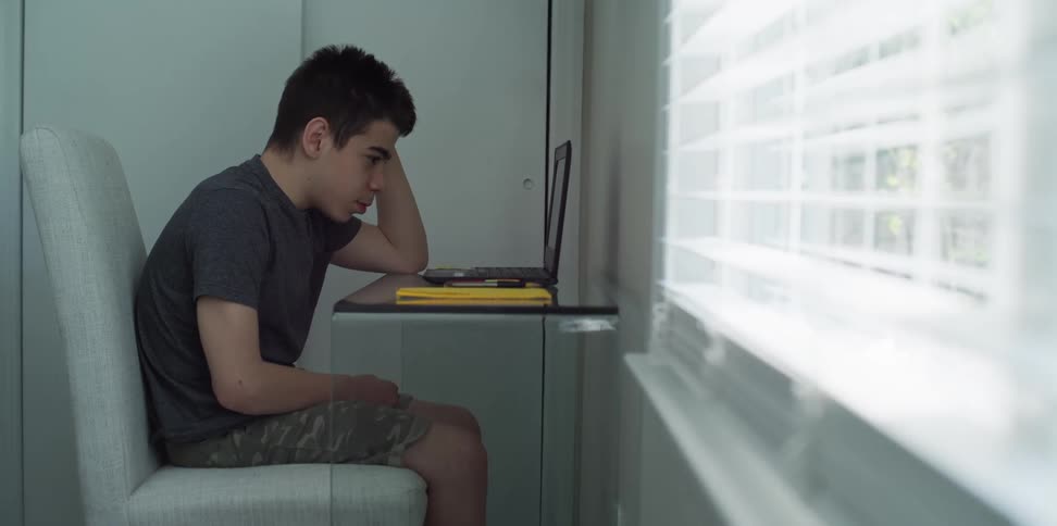 A boy sits at a desk and looks at his laptop