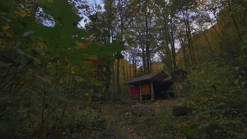 View of blankets hung on the porch of a small wooden shack in the woods