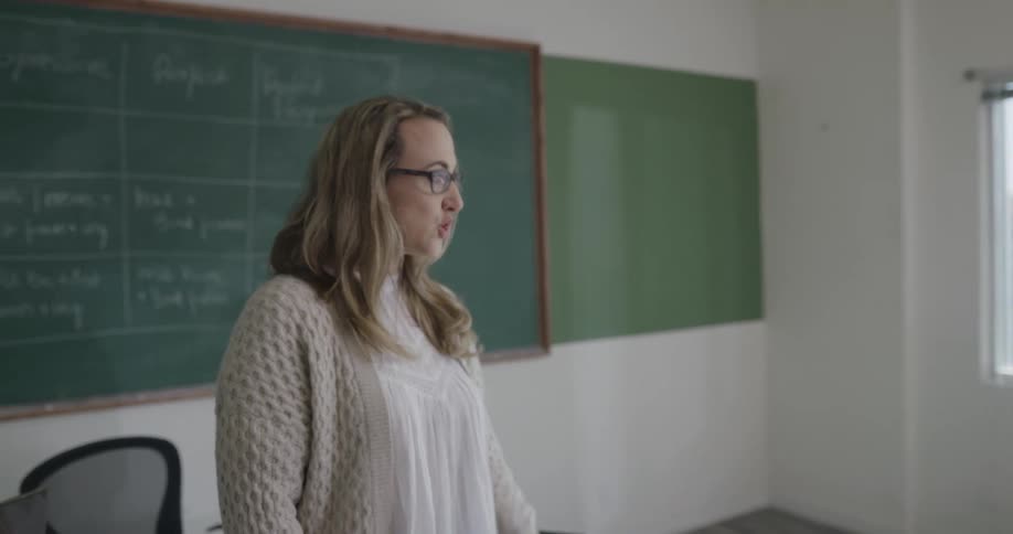Teacher talking to students in classroom at day