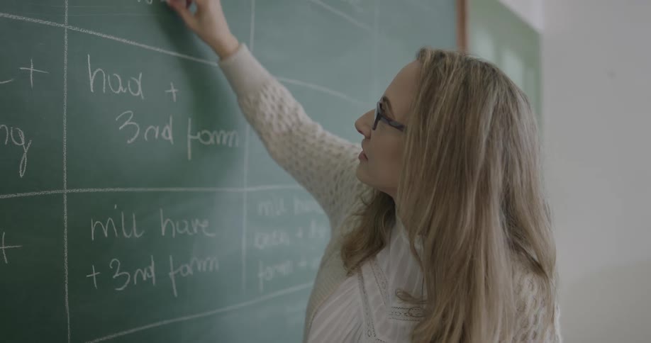 Teacher teaching while writing on blackboard in classroom