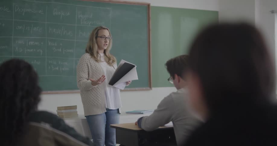Female instructor lecturing her students in a classroom