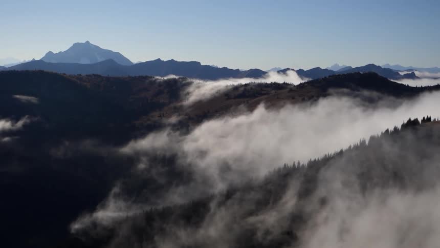 Fog moves down the mountain side covering the trees