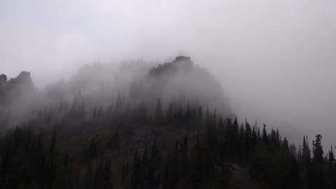 Fog covers the top of the mountain