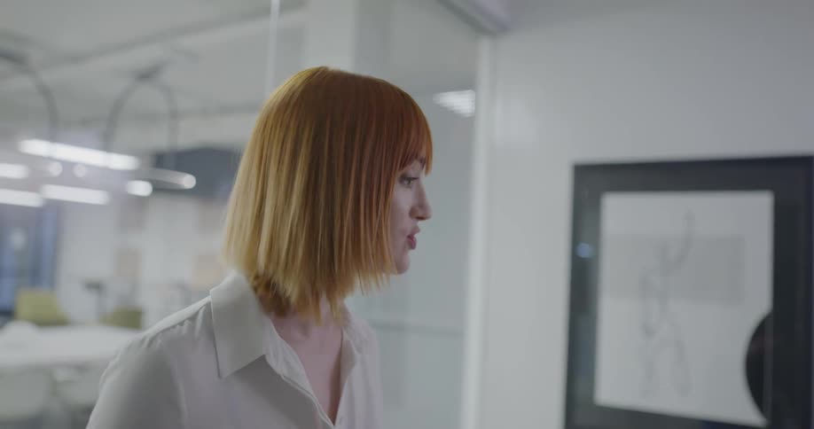 A woman standing in an office talking