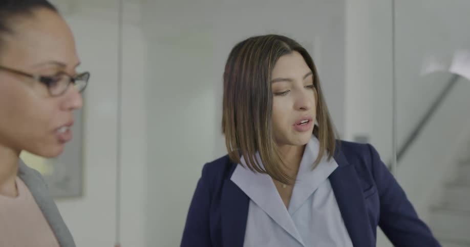 Two women standing in an office talking