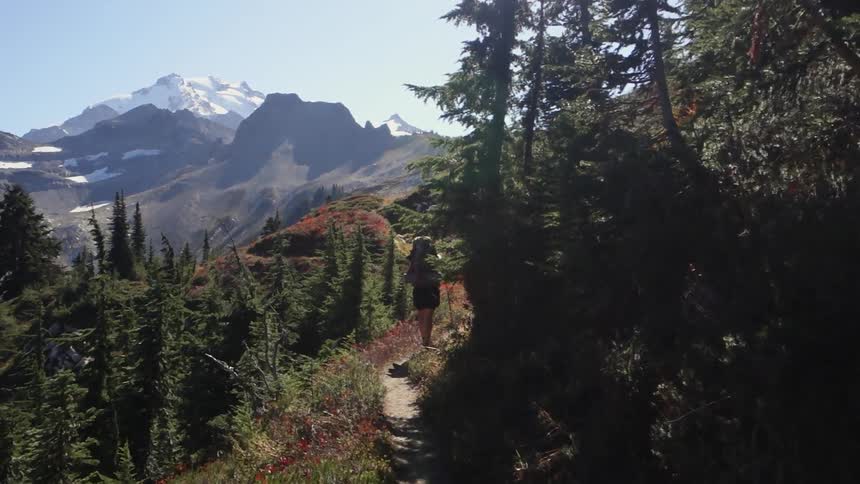 A person hikes a path up a mountain