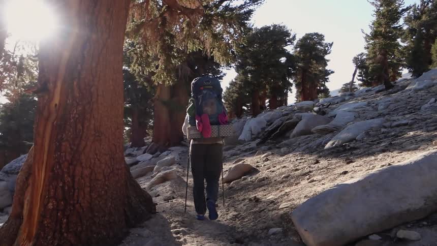 A hiker walks in a rocky area on a sunny day