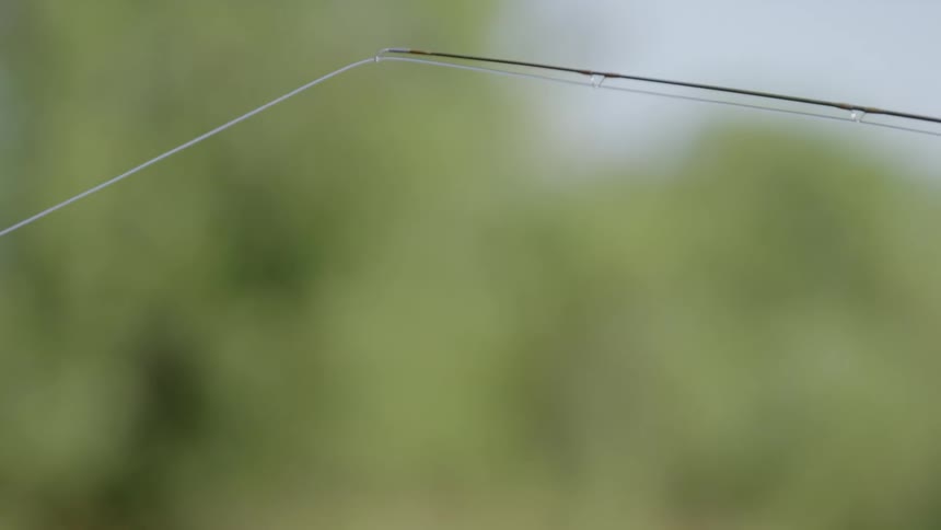 The tip of a fishing rod and its line is seen