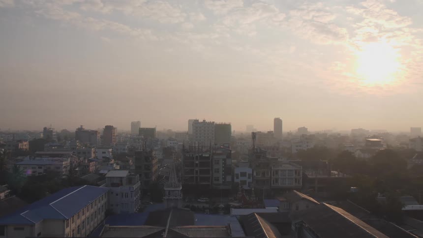 City downtown skyline at sunset