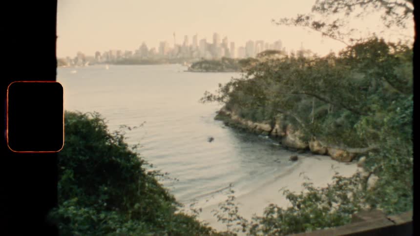 A coastal shore with a city skyline in the background