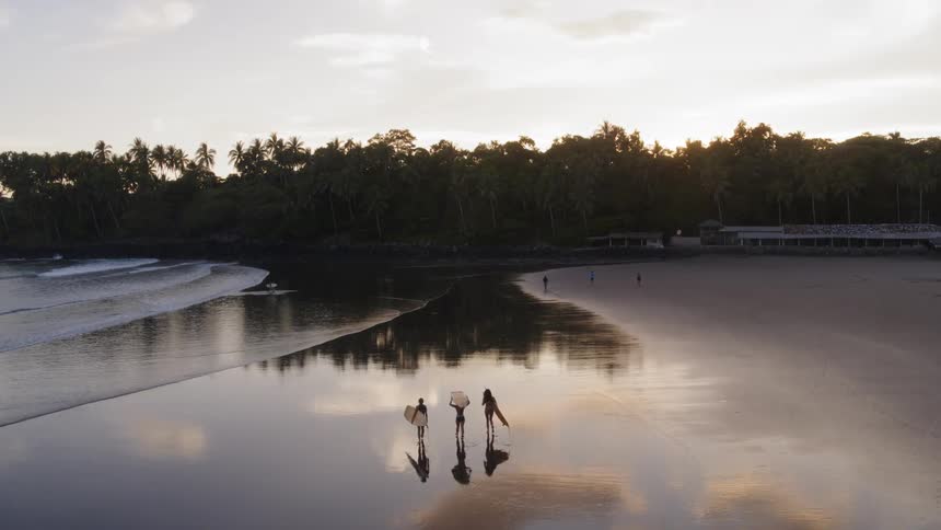 Three people walk along the water carrying surf boards
